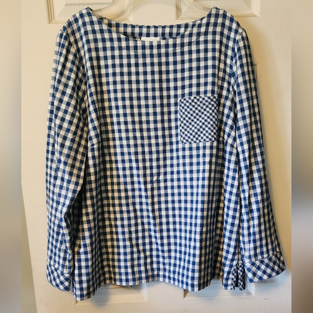 J Jill Womens Size Large Petite Blue & White Gingham Long Sleeve Shirt